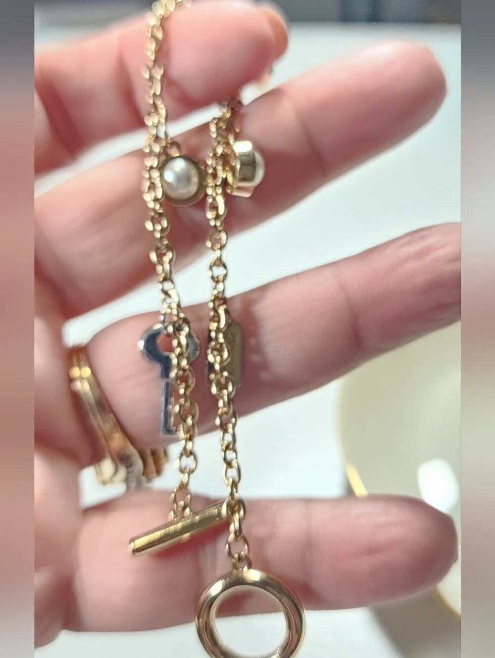 Coach Signature Padlock & Key Pearl Charm Bracelet Gold Silver Toggle Clasp